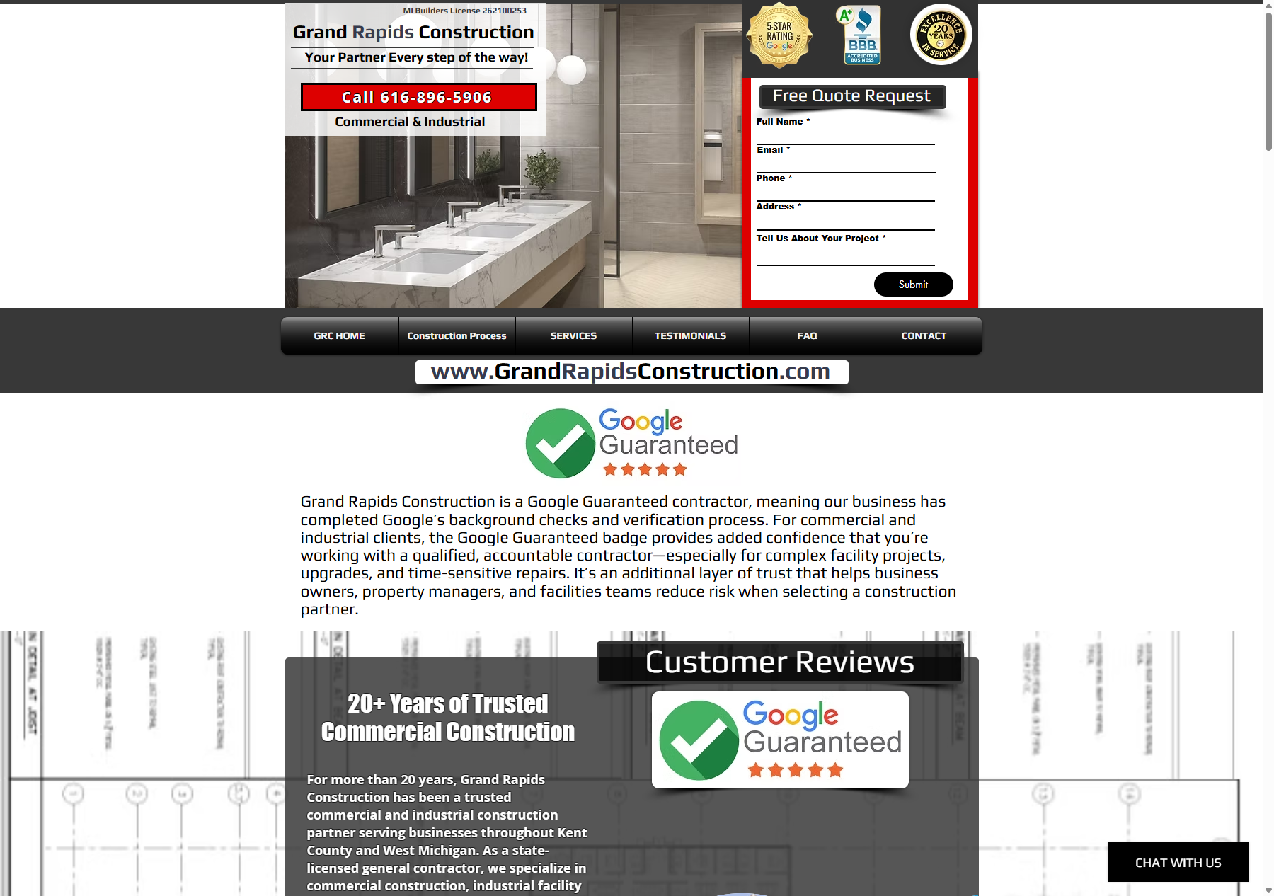 Commercial construction website homepage