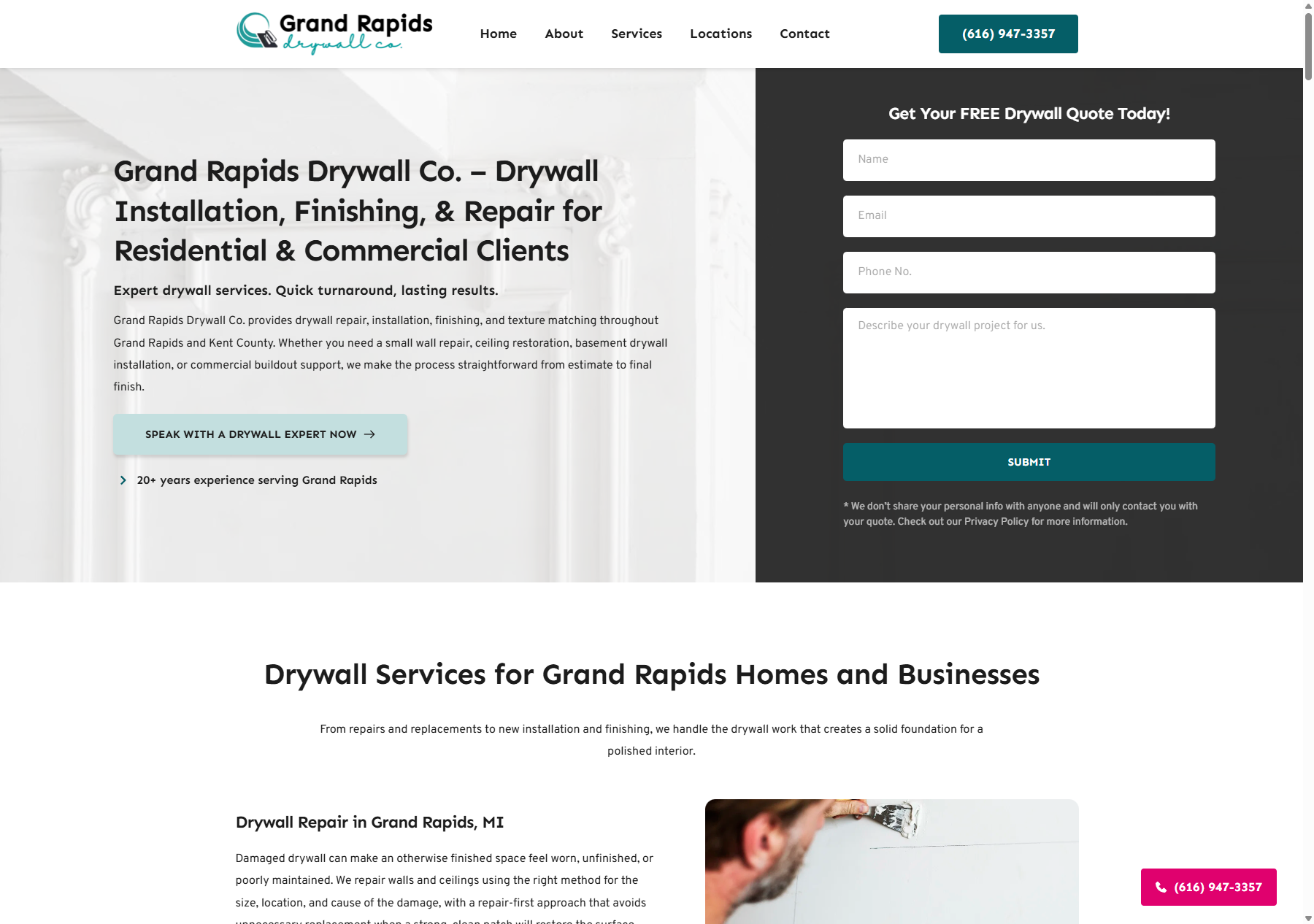 Drywall contractor website homepage