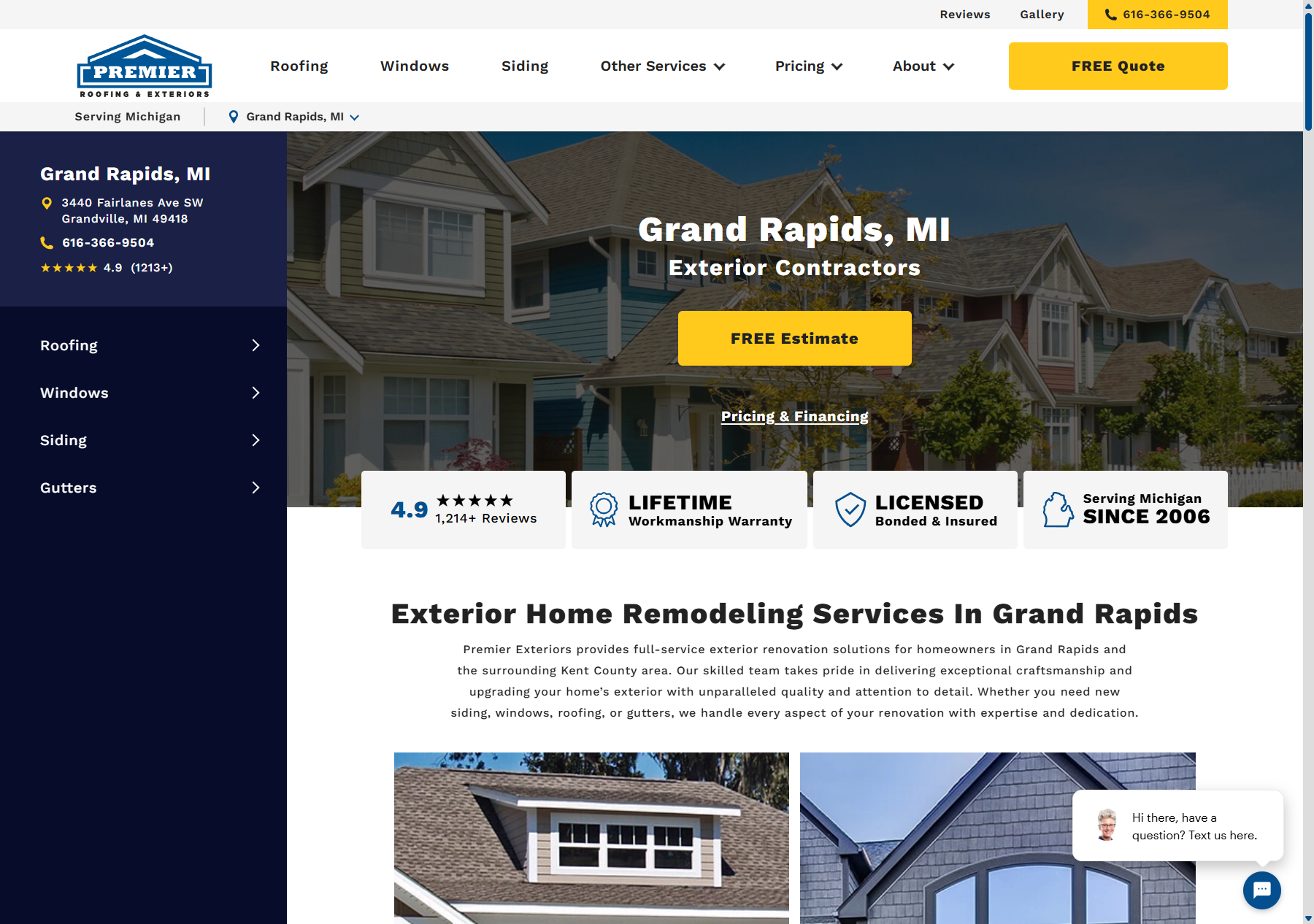 Exterior remodeling contractor website homepage